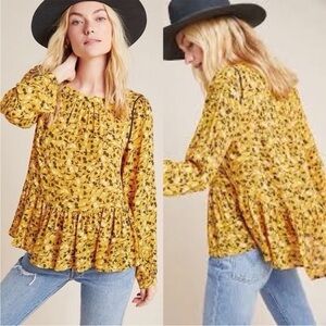 Anthropologie Maeve Cheyenne Top Ditsy Floral Peplum Blouse Yellow Shirt Sz S